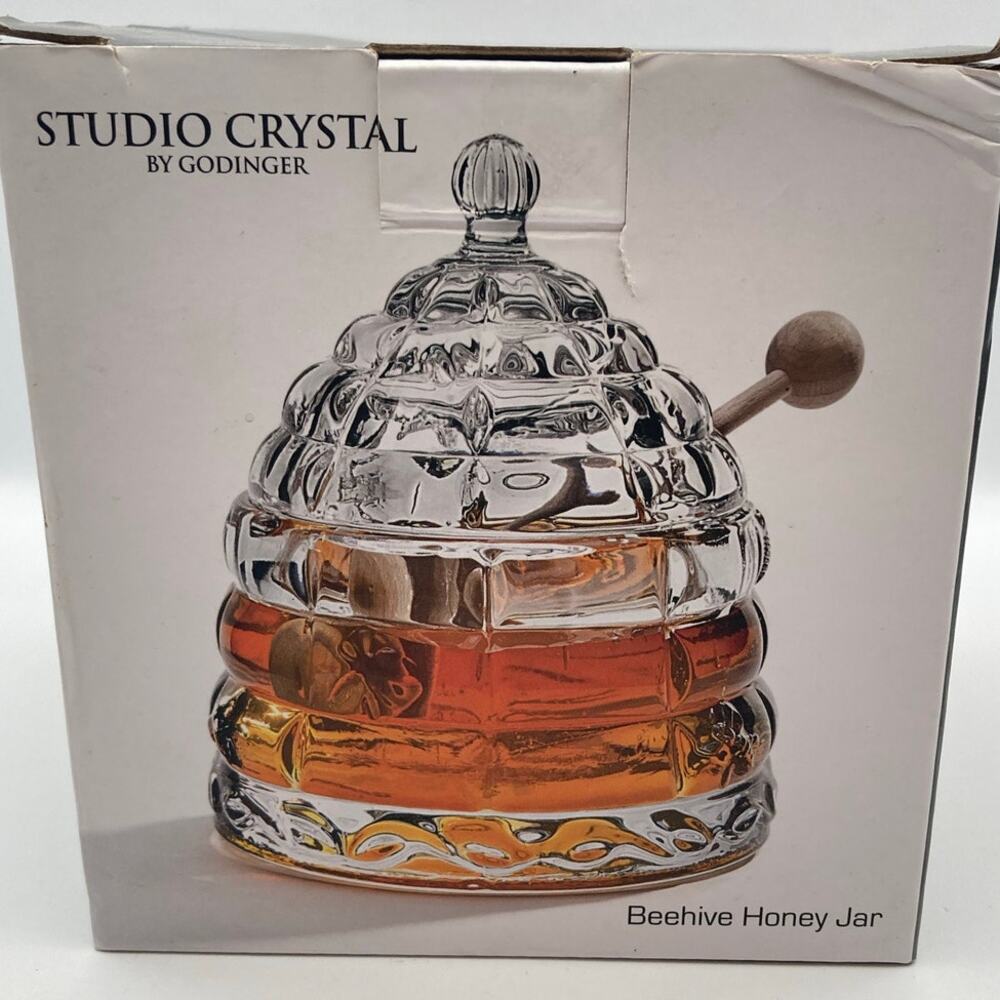 Studio Crystal by Godinger Beehive Honey Jar w/Lid, Clear 8 oz NIB No Stick